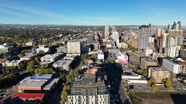 Aerial view of downtown Calgary on an autumn morning. Location is in south-east downtown along 17th Avenue in the belt line area.  