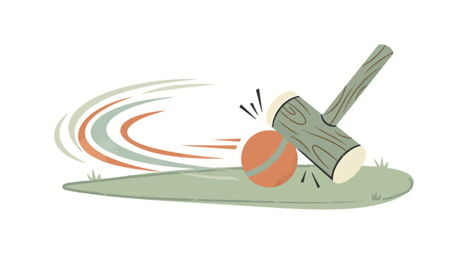 Croquet mallet striking a ball on grass in a flat vector illustration