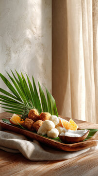 Healthy dessert platter featuring ducan cake, fresh coconut, white sticky rice dumplings, and orange slices, presenting a tropical inspired sweet treat in warm sunlight