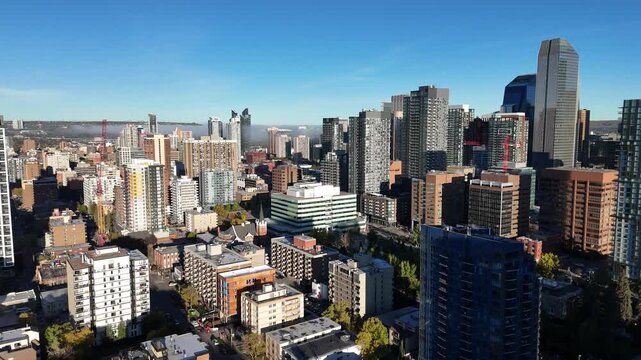 Aerial view of downtown Calgary on an autumn morning. Location is in south-east downtown along 17th Avenue in the belt line area.  