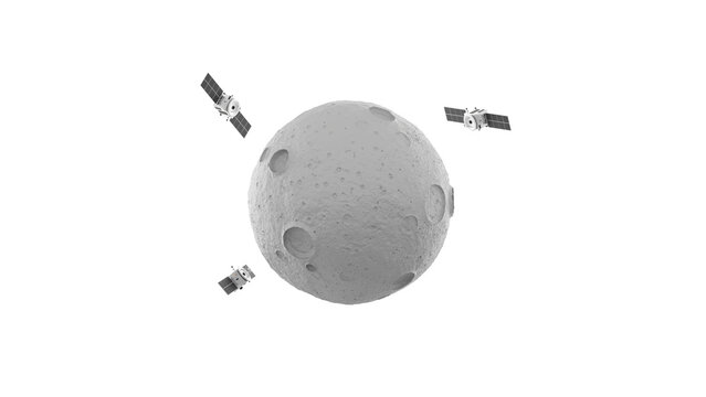 Three satellites around stylized moon over white background, 3d redner