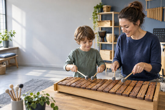Woman and boy practicing together on a wooden xylophone