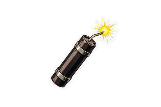 Vintage black dynamite stick explosive bomb with burning glowing fuse spark. Danger hazard mining demolition explosion warning element. Isolated on transparent background.