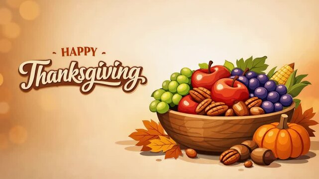 Animated pan across a warm autumn still life showing a harvest basket overflowing with apples, grapes, pecans and a pumpkin beside a "happy thanksgiving" greeting