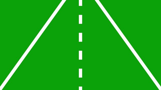 Abstract animation of  two-lane road with white dashed markings. Single continuous solid yellow lines in the center of the road. Traffic, transportation way concept with pan movement. 
