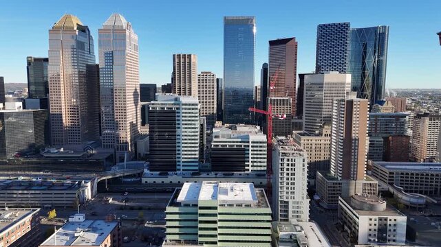 Aerial view of downtown Calgary on an autumn morning. Location is in south-east downtown along 17th Avenue in the belt line area.  