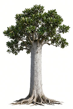 Ultra-realistic mature Kauri Pine (Agathis australis), enormous ancient New Zealand conifer with massive straight cylindrical trunk, broad high crown, large thick leathery dark-green leaves