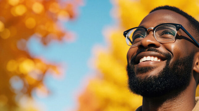 Happy young African American man with beard, glasses looks up at blue sky. Cheerful guy smiles brightly outdoors near autumn trees with yellow leaves. Portrait of smiling male person experiencing