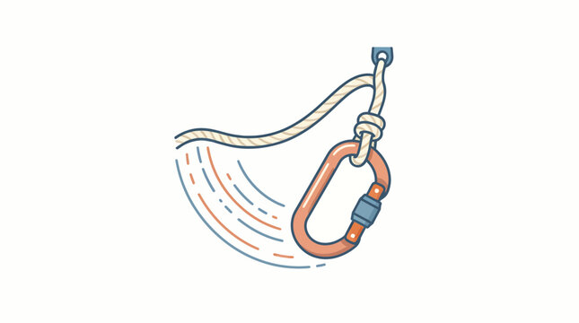 Climbing carabiner swinging on a rope isolated on white background