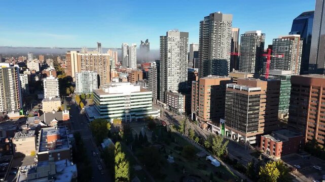 Aerial view of downtown Calgary on an autumn morning. Location is in south-east downtown along 17th Avenue in the belt line area.  