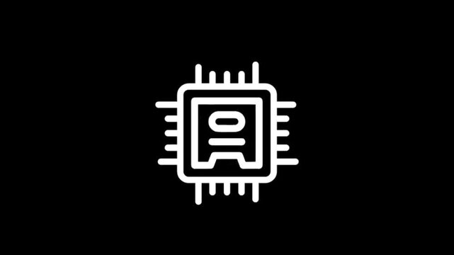 Digital microchip icon animation on a black background, technology concept