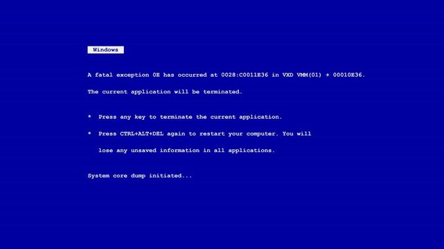 Classic blue screen of death (BSOD) system crash animation featuring memory data dump, screen glitch, fatal error warning, and a retro CRT monitor power-off effect.