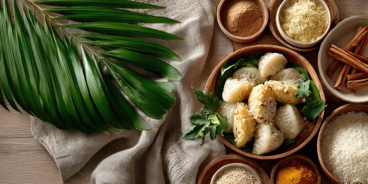 Traditional indian or asian sweet dumplings. Possibly pitha or modak. In a wooden bowl. Surrounded by exotic spices. Rice. And a palm leaf