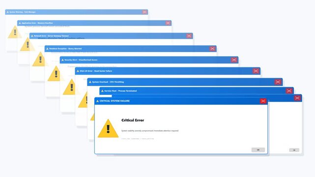 Animated sequence of multiple digital error windows stacking and escalating into a critical system warning. Clean vector-style technology animation representing software failure, system overload, appl