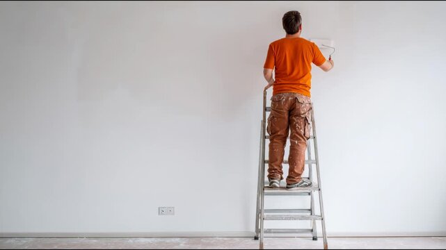 Painter man on a stepladder painting a white wall with a roller during home renovation