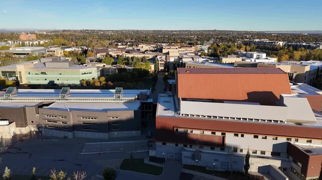 Aerial view of Mount Royal University campus in Calgary, Alberta on a fall morning.