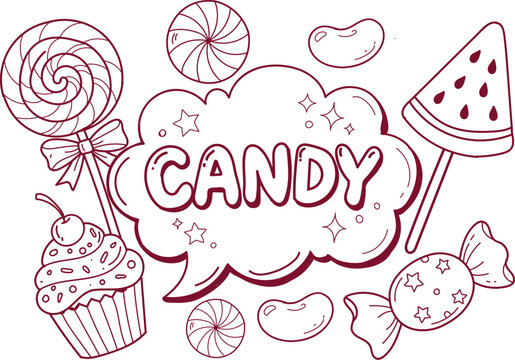 Sweet candy collection with cupcake and lollipop in simple line art style