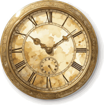 Generated on Watercolor of Old gold clock face featuring roman numerals and weathered texture vector art on white background