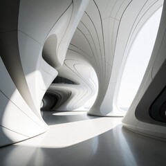Fototapeta premium Abstract futuristic architecture background with white organic shapes, curved lines. Modern 3D design features smooth wavy walls, bright sunlight in empty space. Minimalist building interior shows