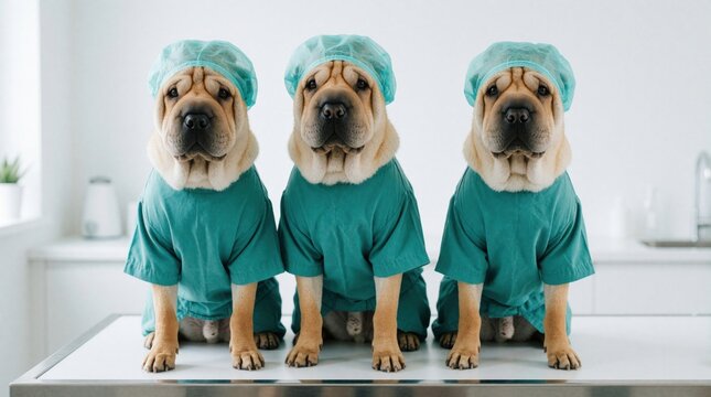Three shar pei dogs wear green medical scrubs, surgical caps in vet clinic. Cute canine doctors sit on metal table in hospital. Funny pets act as professional veterinary staff during medical
