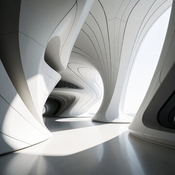 Abstract futuristic architecture background with white organic shapes, curved lines. Modern 3D design features smooth wavy walls, bright sunlight in empty space. Minimalist building interior shows