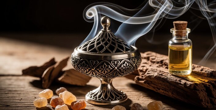 Silver incense burner emits white smoke over glowing oud wood chips. Luxury aromatherapy setup includes essential oil bottle, aromatic resin on wooden table. Arabic perfume scent creates relaxing