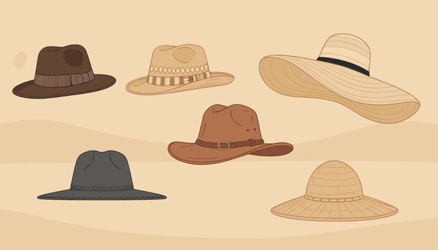 Various stylish hats including fedoras panamas and wide brim sunhats are displayed artfully on a sandy background.
