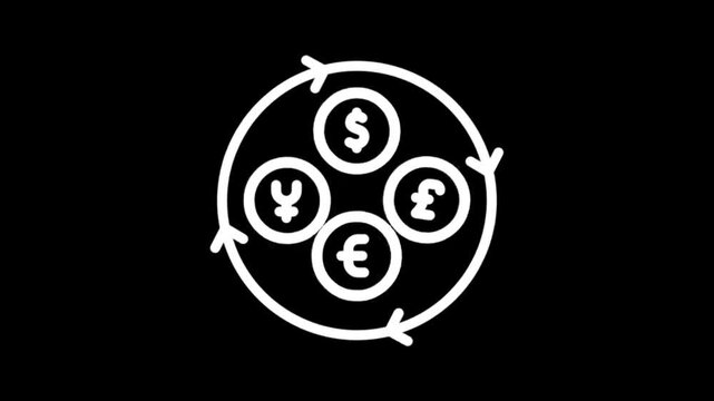 Animated icons of currency symbols in a circular flow representing exchange