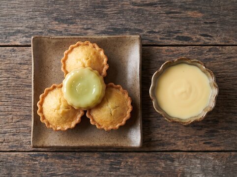 Delicious egg tarts on a rustic wooden table with creamy filling
