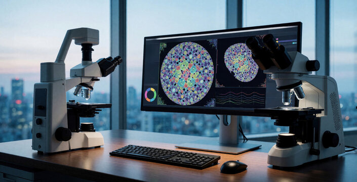 Modern diagnostic microscope, computer monitor on laboratory desk. Pro medical equipment shows cell analysis, digital imaging results on screen. Scientist researches biological samples in high tech
