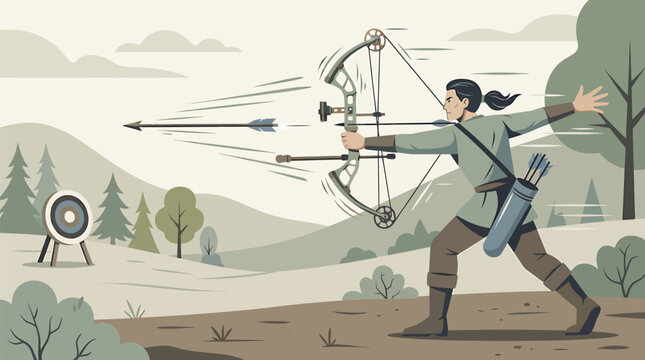 Archer shooting a compound bow at a target in a flat vector illustration