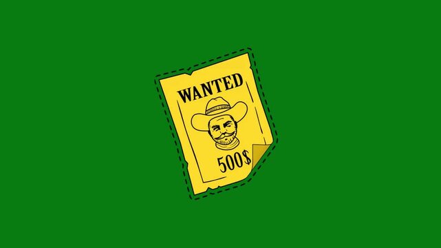 Retro Wild West Wanted Poster Illustration Featuring Cowboy Character and Reward Text Animation on Solid Green Screen Background for Western Themed Media Production and Video Editing Projects