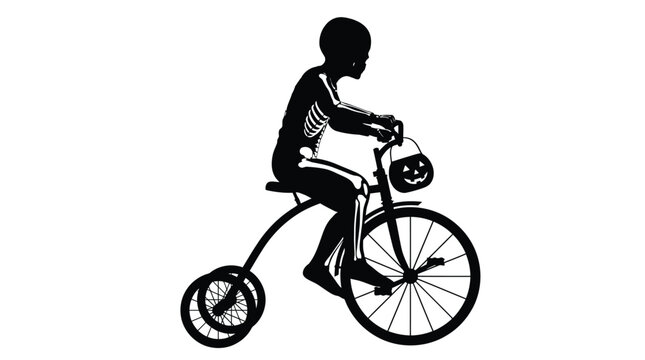 Skeleton child silhouette riding a tricycle carrying a carved pumpkin bucket for a spooky Halloween celebration