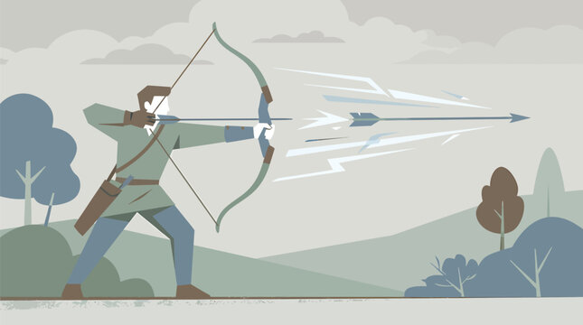 Archer releasing an arrow from a bow in a flat vector landscape illustration