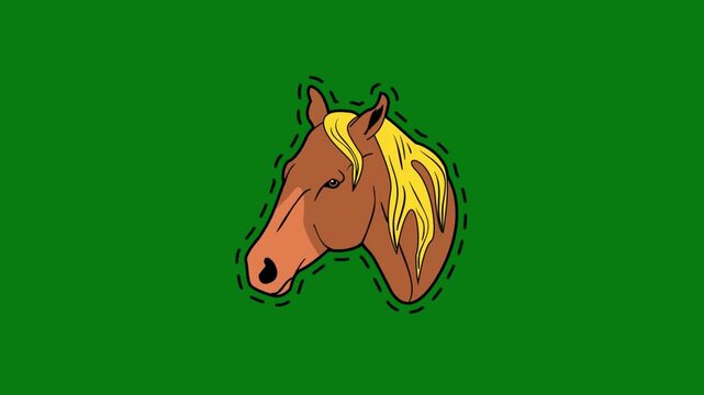 Hand drawn retro horse head illustration with yellow mane in a sticker style featuring dashed outlines on a solid green background, vintage 90s inspired pop art cartoon vector animation.
