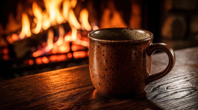 Ceramic mug sits on dark polished wood table near warm fireplace. Burning fire embers glow in background. Cozy atmosphere for hot tea coffee during winter evening at home. Rustic decor creates