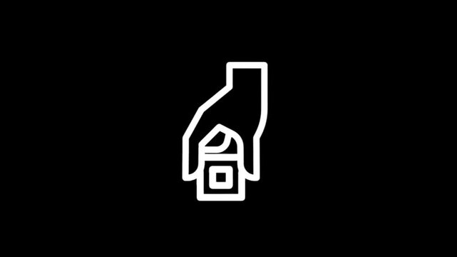 Hand holding a digital device with geometric shapes and dots animation