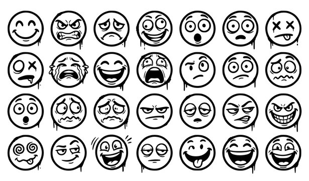 Graffiti Emoji Expression Faces Spray Paint Dripping Black Vector Icon Collection