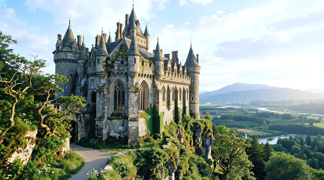 An ancient gothic castle perched on a steep rocky cliff overlooking a lush green valley with a winding river and distant mountains under a clear sky during daytime.