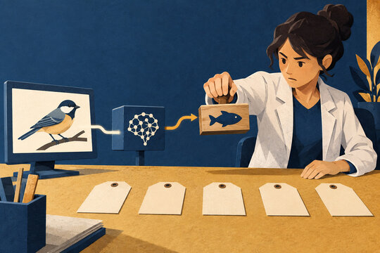 Woman spotting a bird-to-fish mismatch in an AI labeling diagram