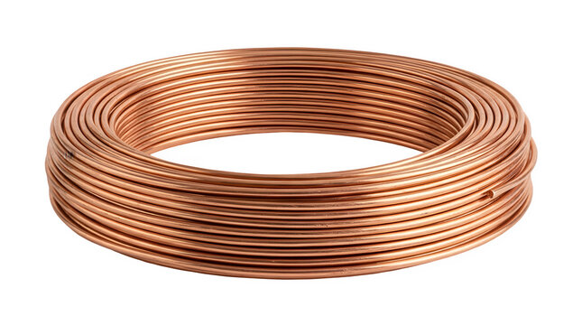 Copper wire coil isolated on white background, metallic pure copper tube roll, raw industrial metal wiring material