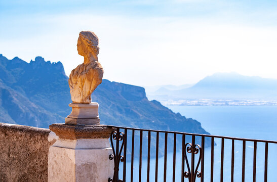 Terrace of Infinity, a beautiful belvedere with marble busts inside the iconic Villa Cimbrone, historic villa in Ravello, on the Amalfi Coast