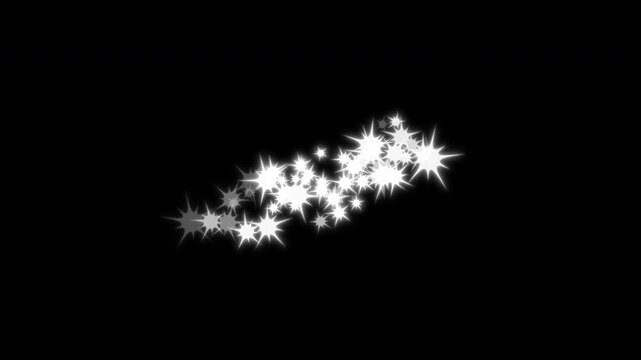 4K looping animation twinkling stars shining night sky. White glittering star dust trail sparkling particles magic tail pixie dust path isolated on black screen overlay video background.