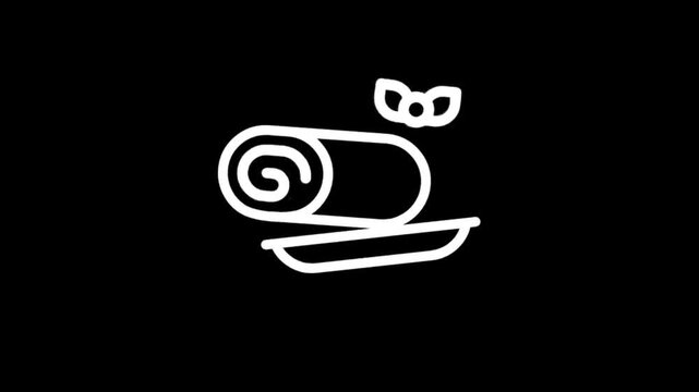 Simple white icon of a rolled towel with a bow on a black background
