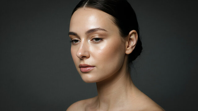 Portrait of a beautiful young woman with healthy glowing skin and natural makeup against a dark gray background for skincare and beauty concepts