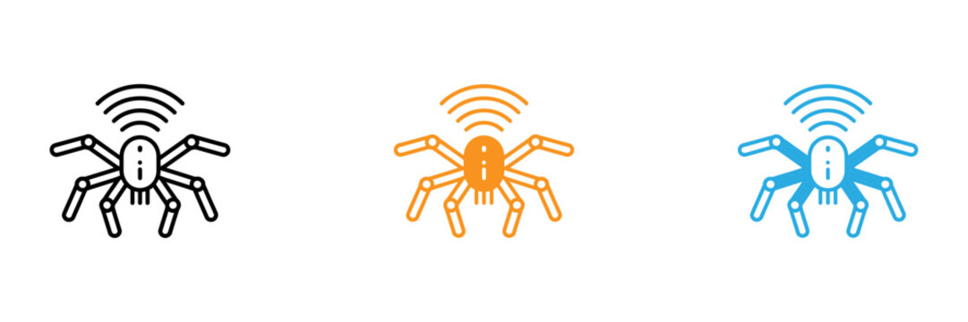 Set of three web crawler icons in different colors representing internet data collection