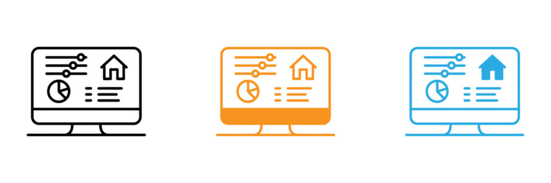 Real estate data analysis on a computer screen with charts and a house icon