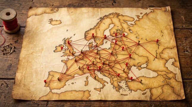 Vintage paper map of Europe on a wooden table with push pins connected by red thread, representing travel planning, logistics routes, connections and geographic strategy