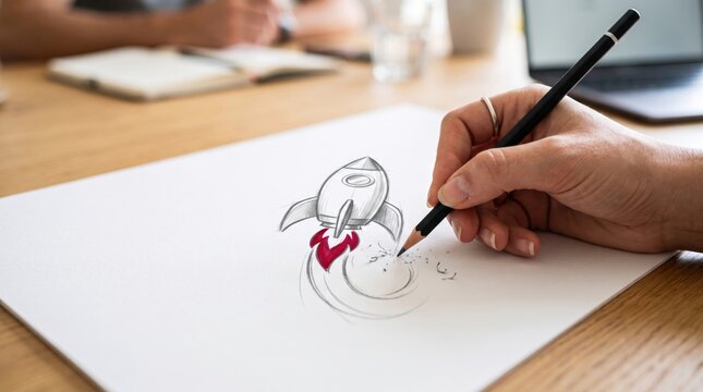 Hand sketching a launching rocket with pencil on white paper, representing startup growth, product launch strategy, creativity and business acceleration toward new opportunities