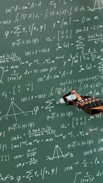Futuristic robotic arm interacting and writing with complex formula on a chalkboard